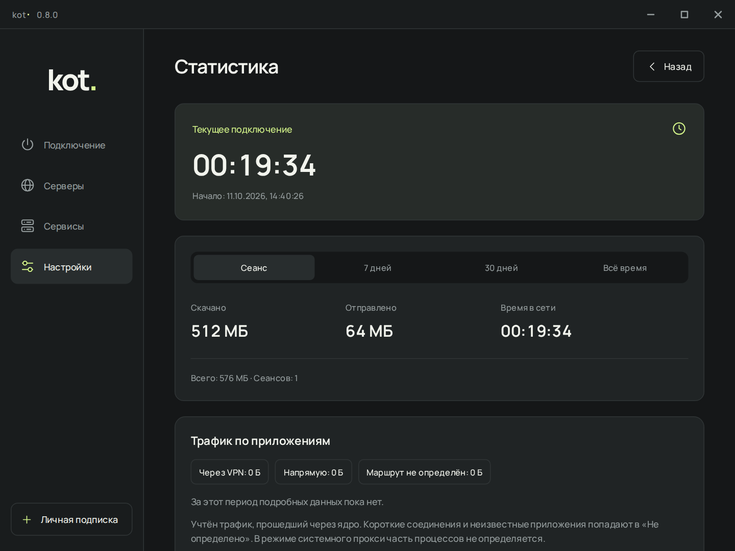 kot. 0.8.0: время подключения, периоды статистики и учёт трафика